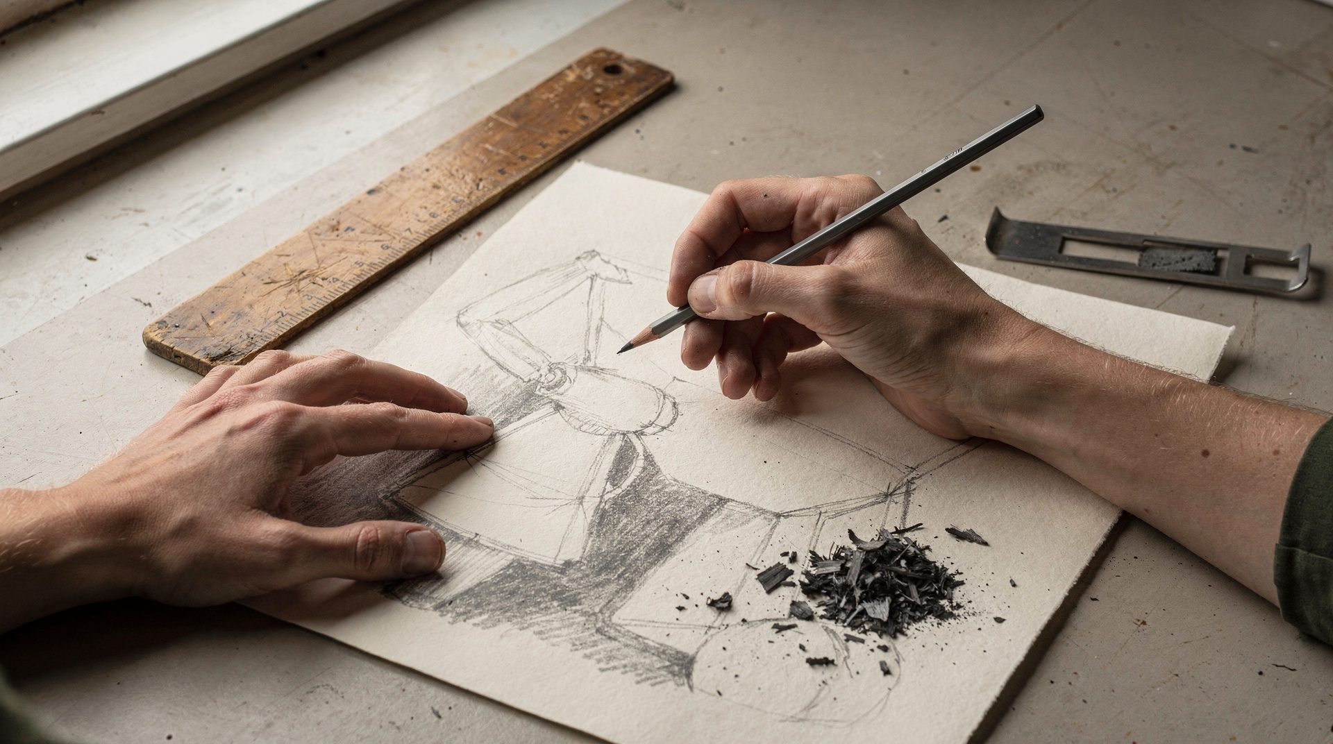 Hands sketching an abstract form on paper