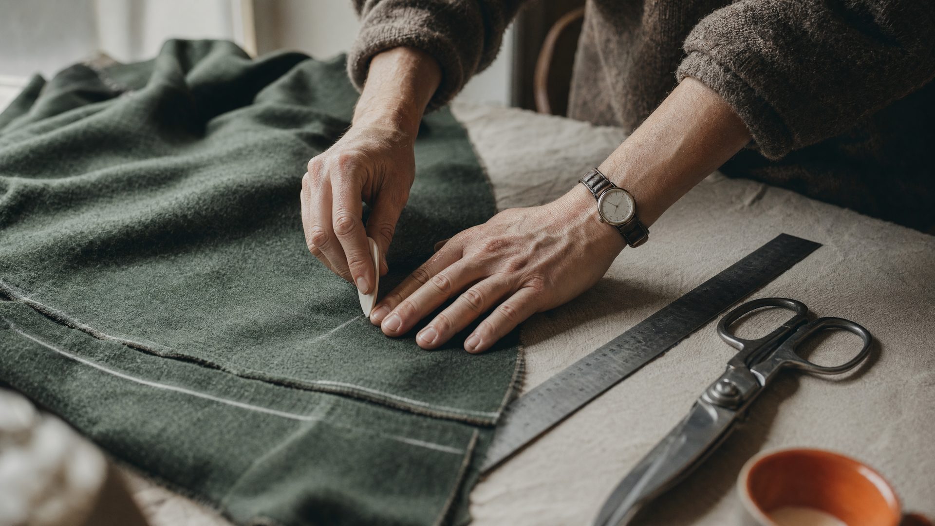 Hands marking fabric with chalk