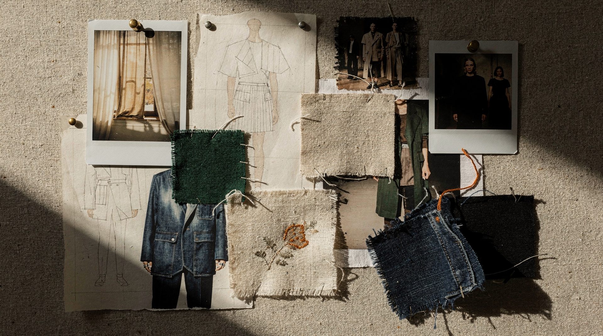 A designer's moodboard — apparel references, fabric swatches, photographs