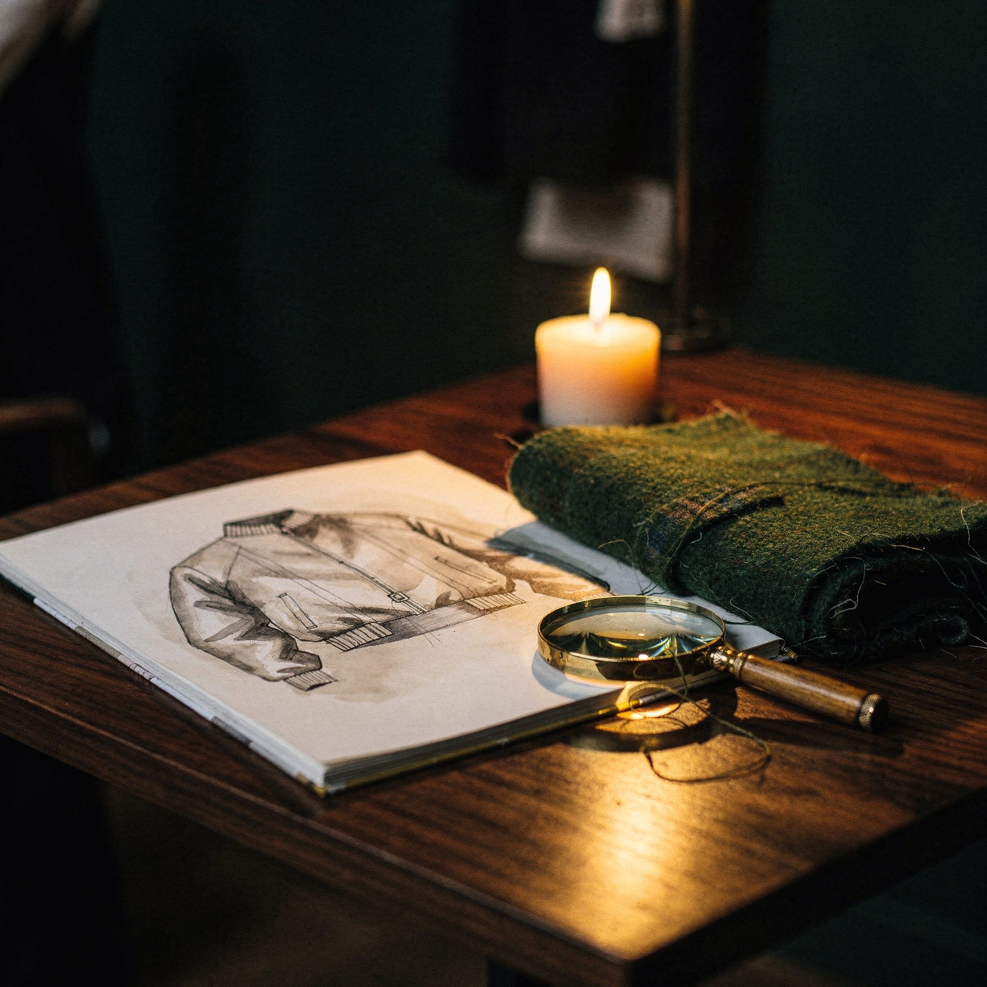 A designer's sketchbook with a bomber jacket illustration, beside a candle and forest-green wool
